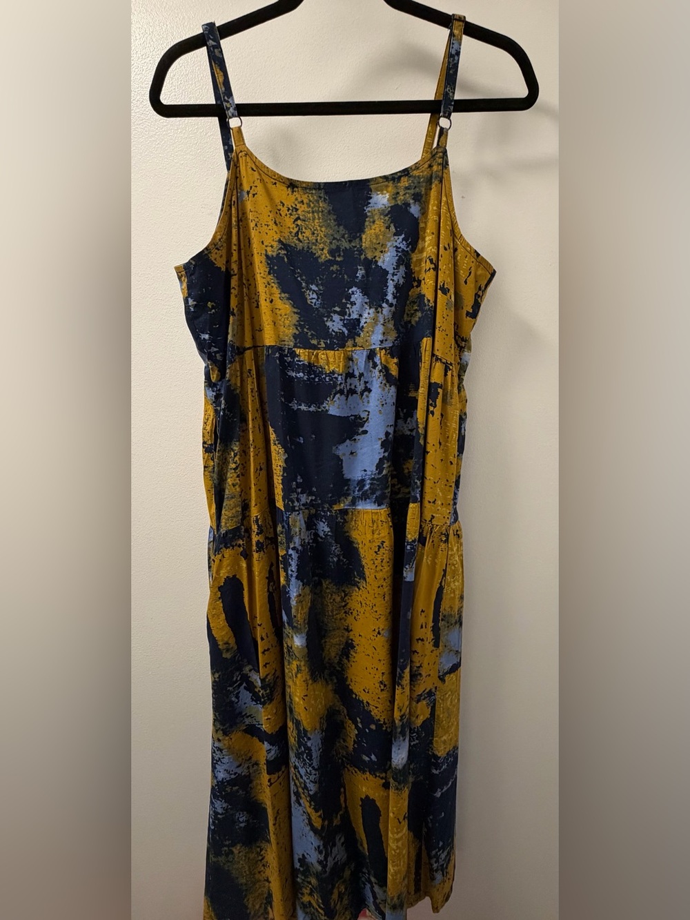 Sleeveless Abstract Print Maxi Dress - Mustard & Navy with pockets. Size L